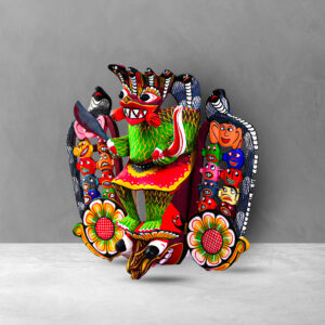 Side view of a hand carved Traditional 18 Sanni Mask showing demons