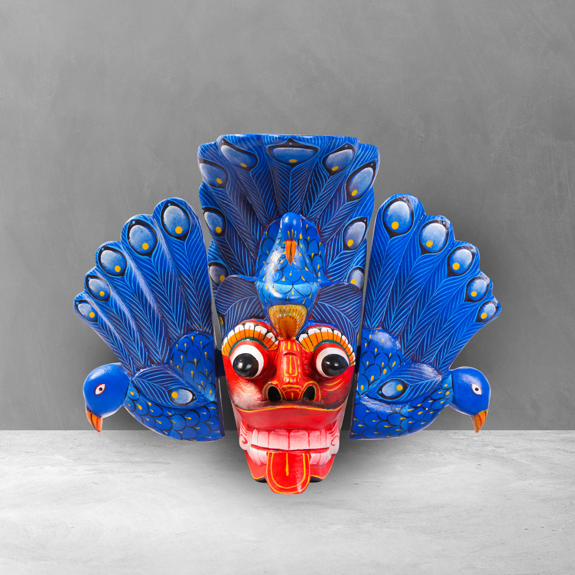 Front view of a beautiful blue 8 inch Traditional Mayura Mask