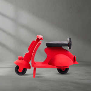 Side view of a red hand painted and hand carved wooden Scooter