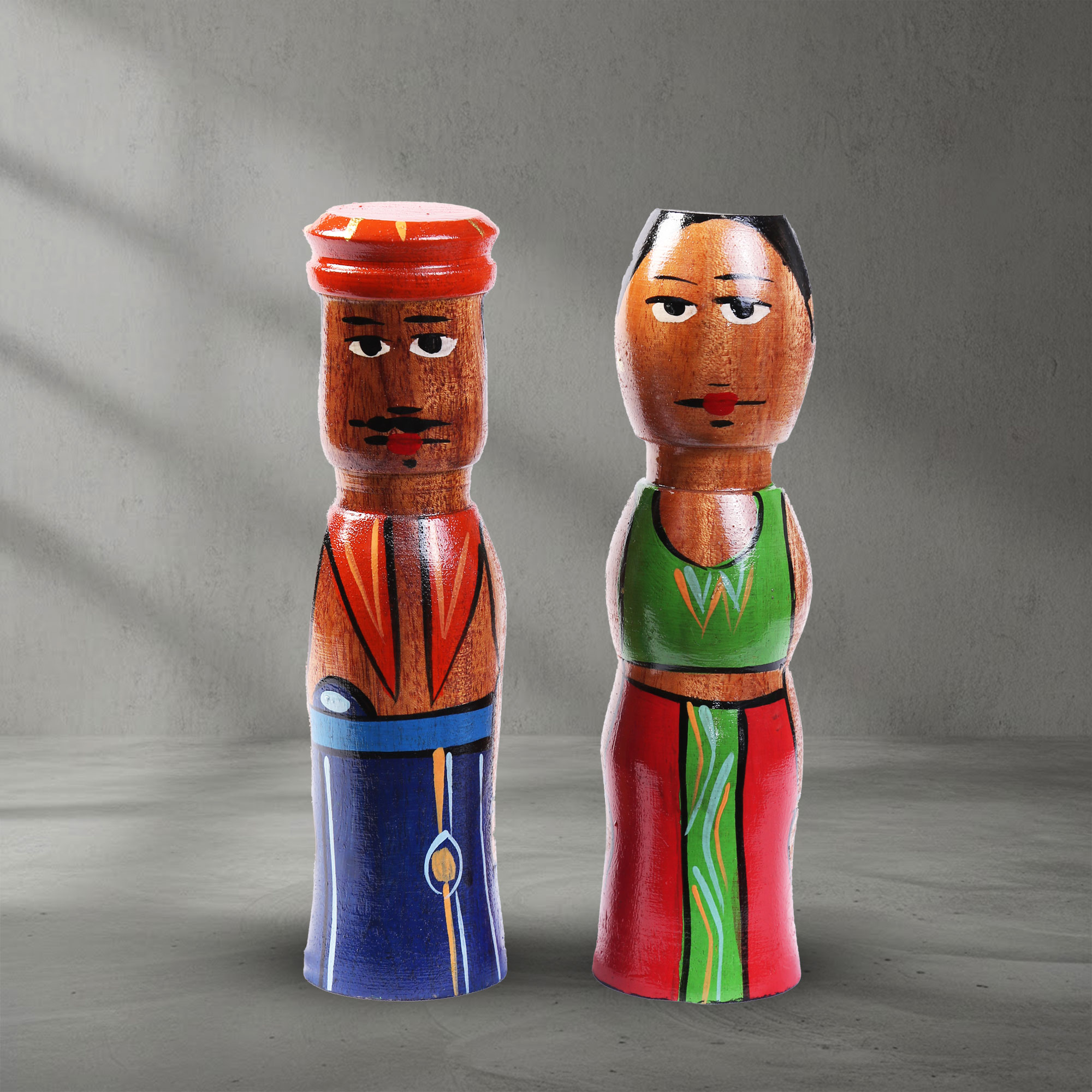 Front view of a 7 inch Sri Lankan Wooden Skittle Couple
