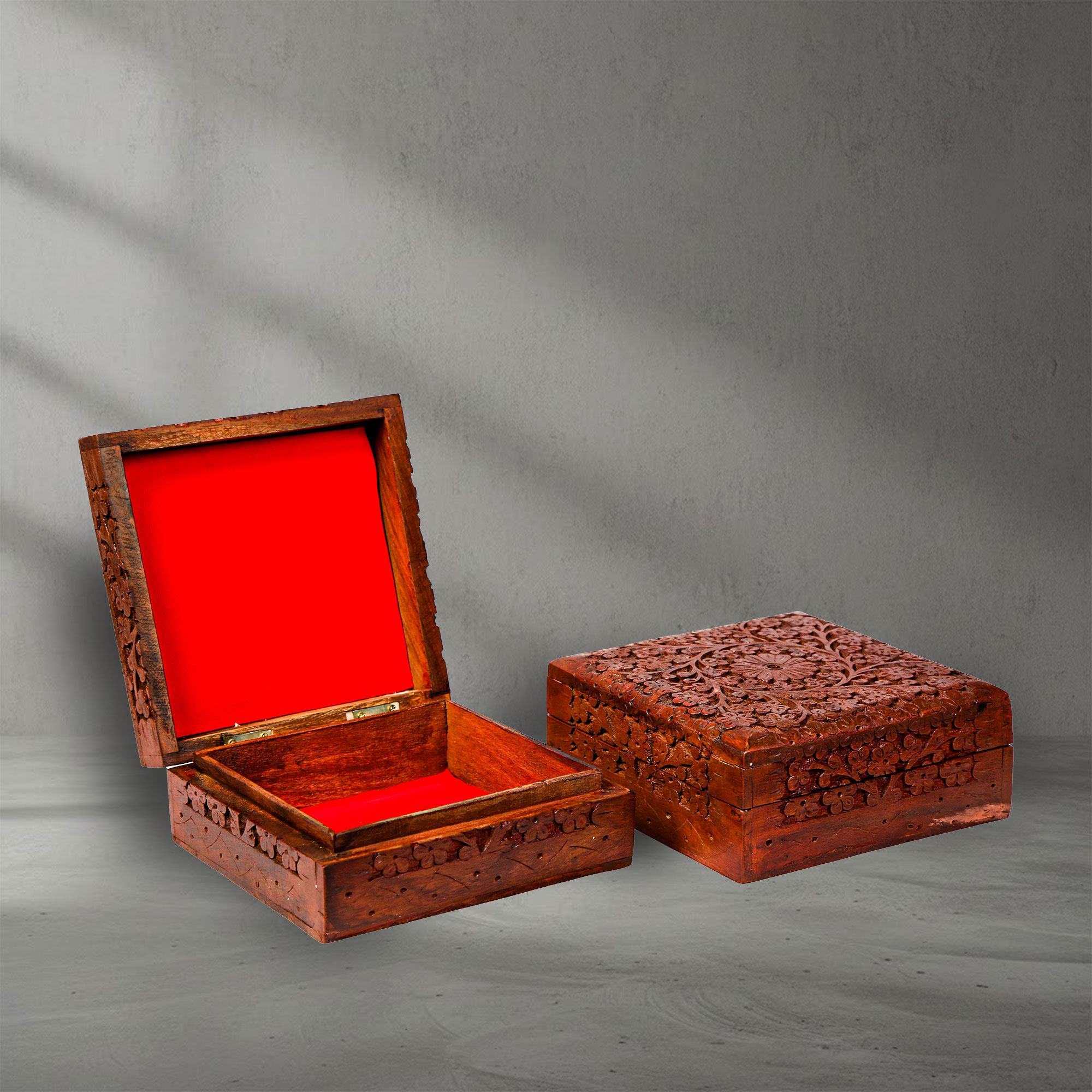 Open view of a Hand Carved Wooden Jewellery Box