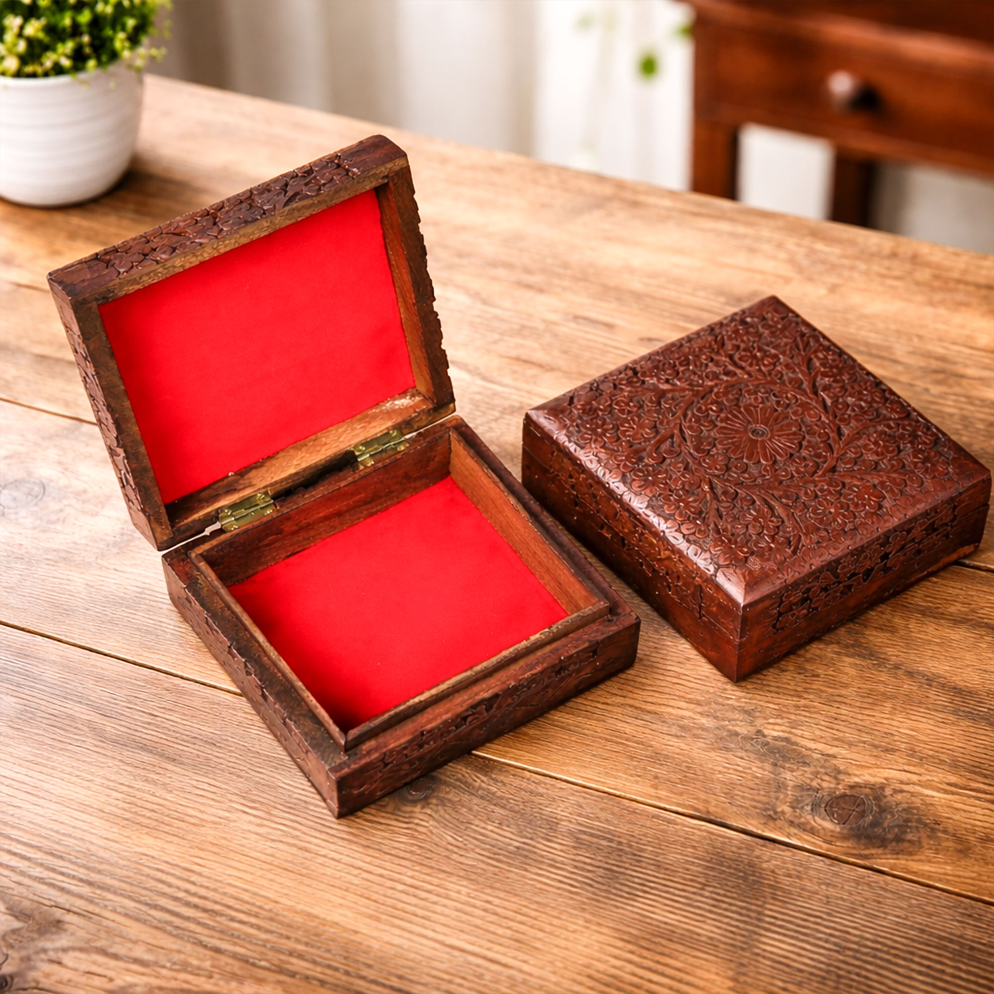 Angled view of a Hand Carved Wooden Jewellery Box