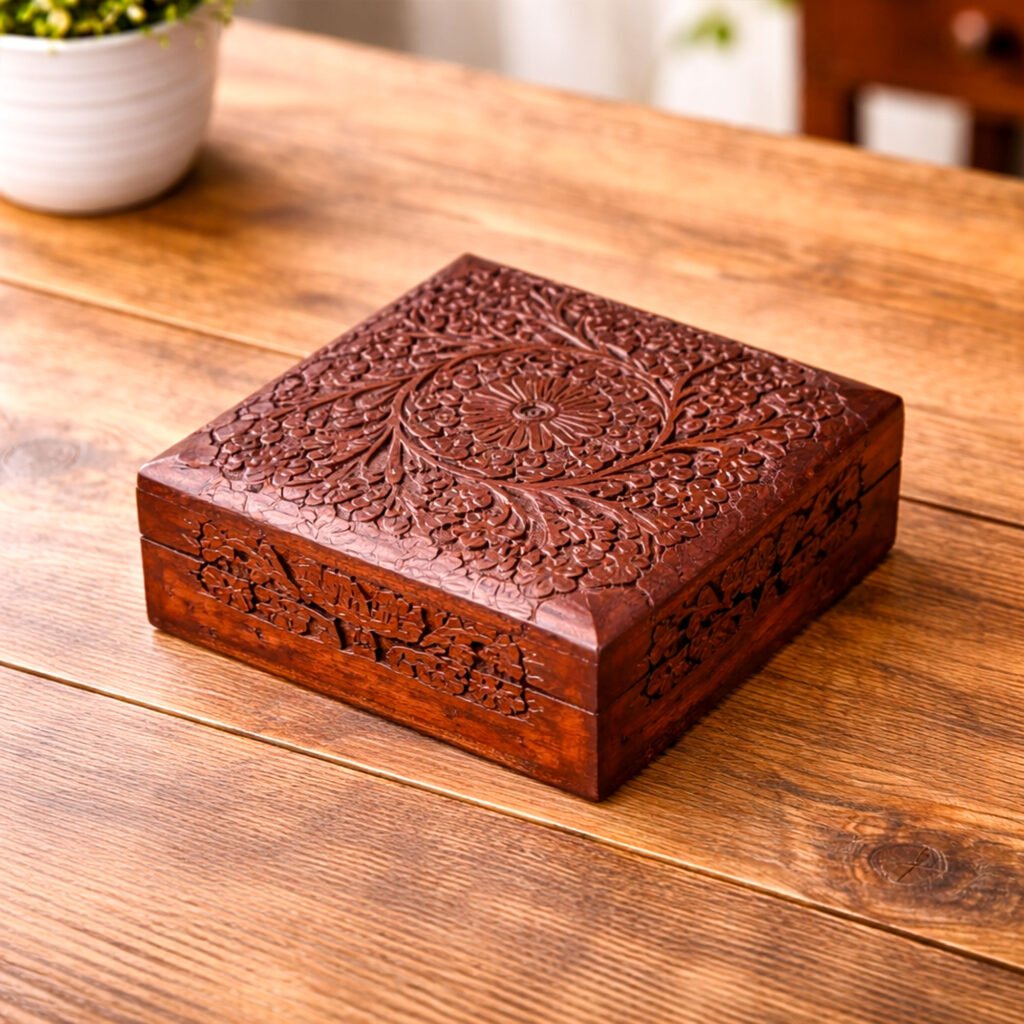 Hand Carved Wooden Jewellery Box