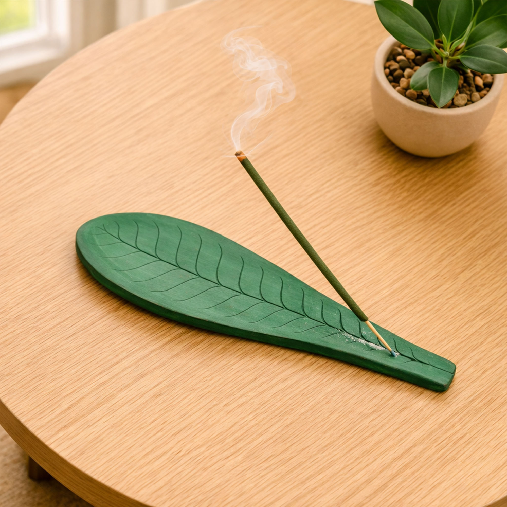 Angled view of a Handcarved Wooden Incense Stand in use