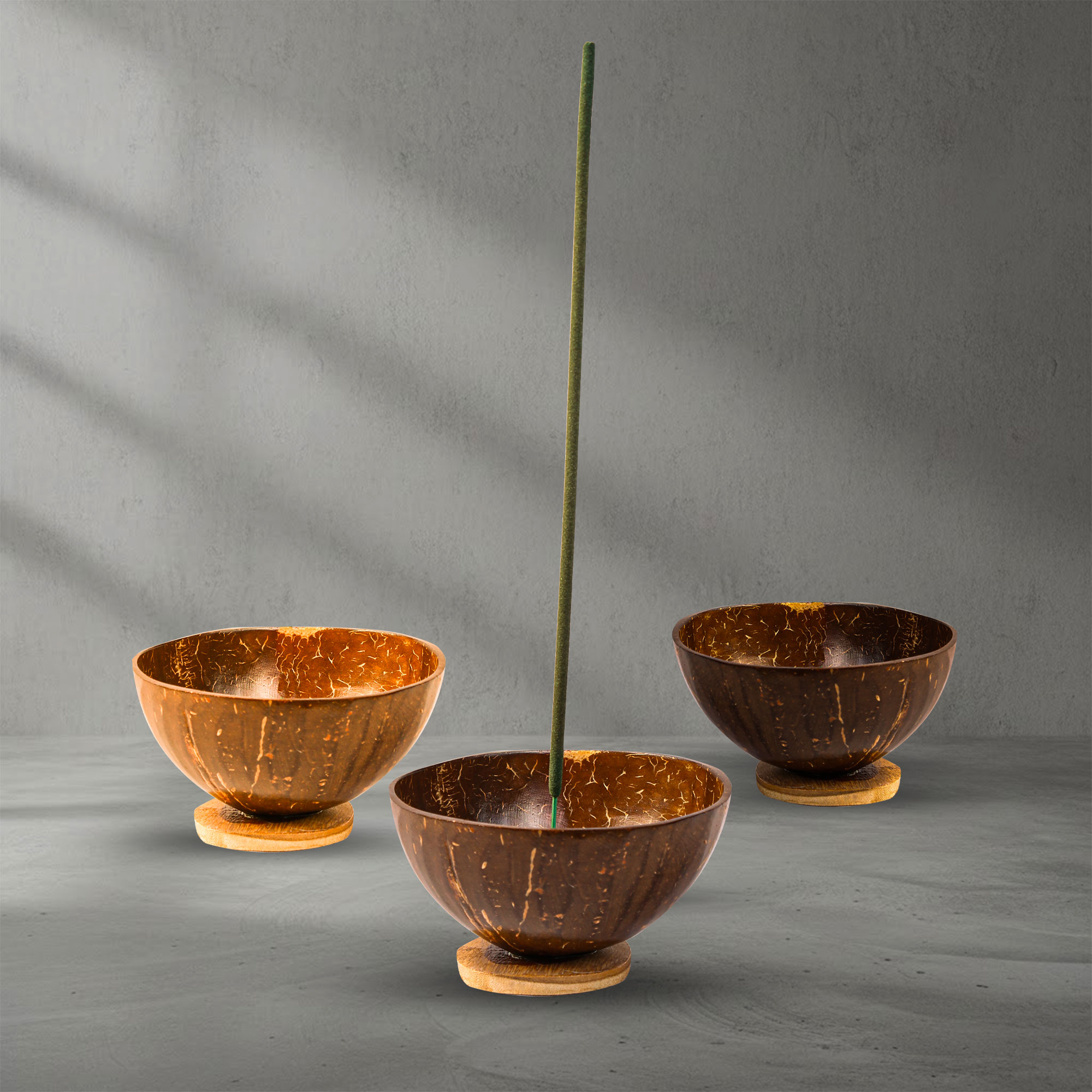 Front view of a Handmade Coconut Shell Incense Stick Holder