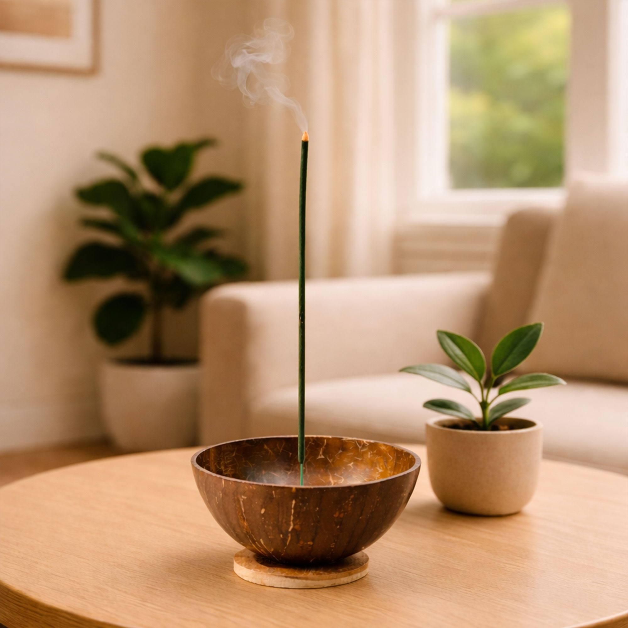 Side view of a Handmade Coconut Shell Incense Stick Holder