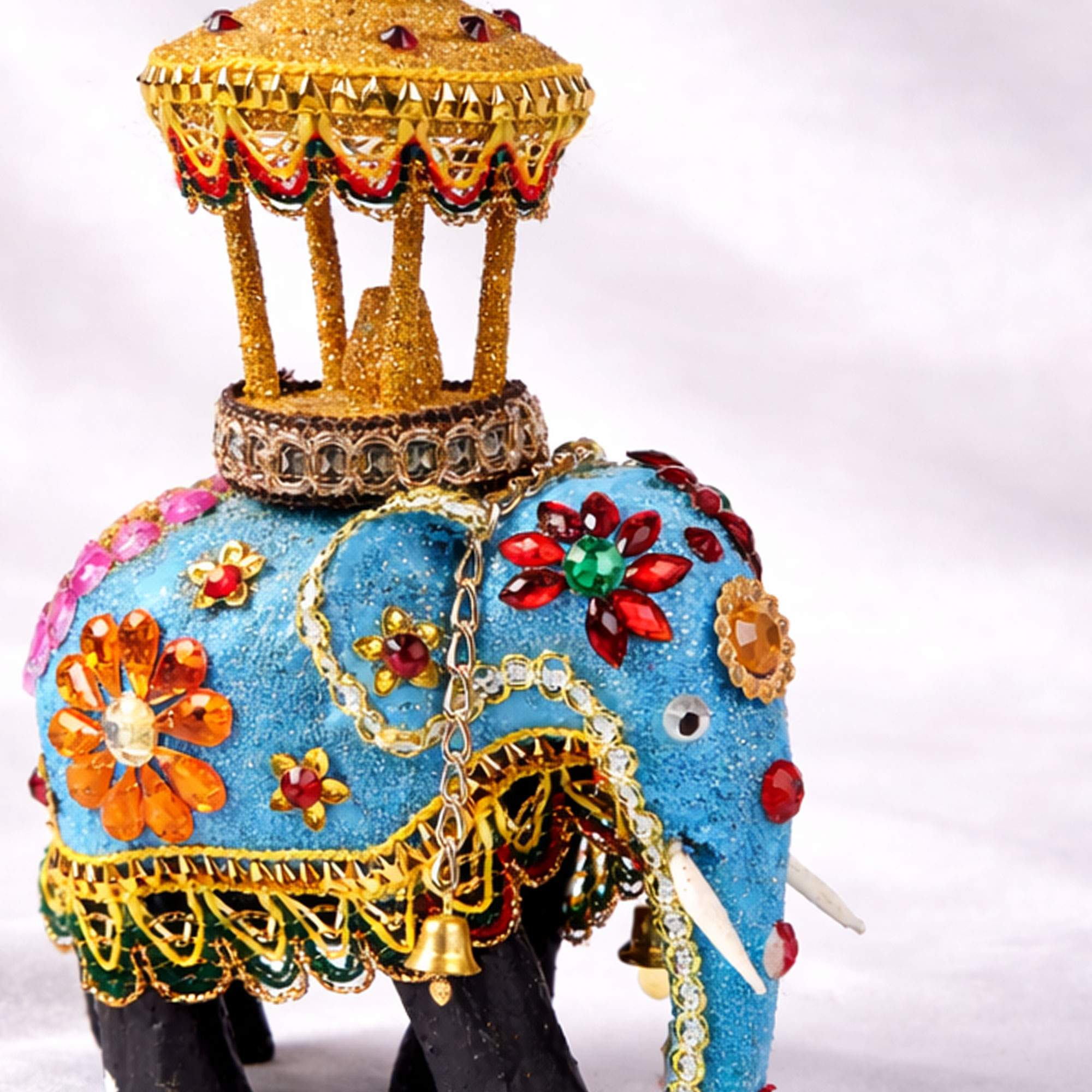 Close up view of a Wooden Decorated Elephant with Casket