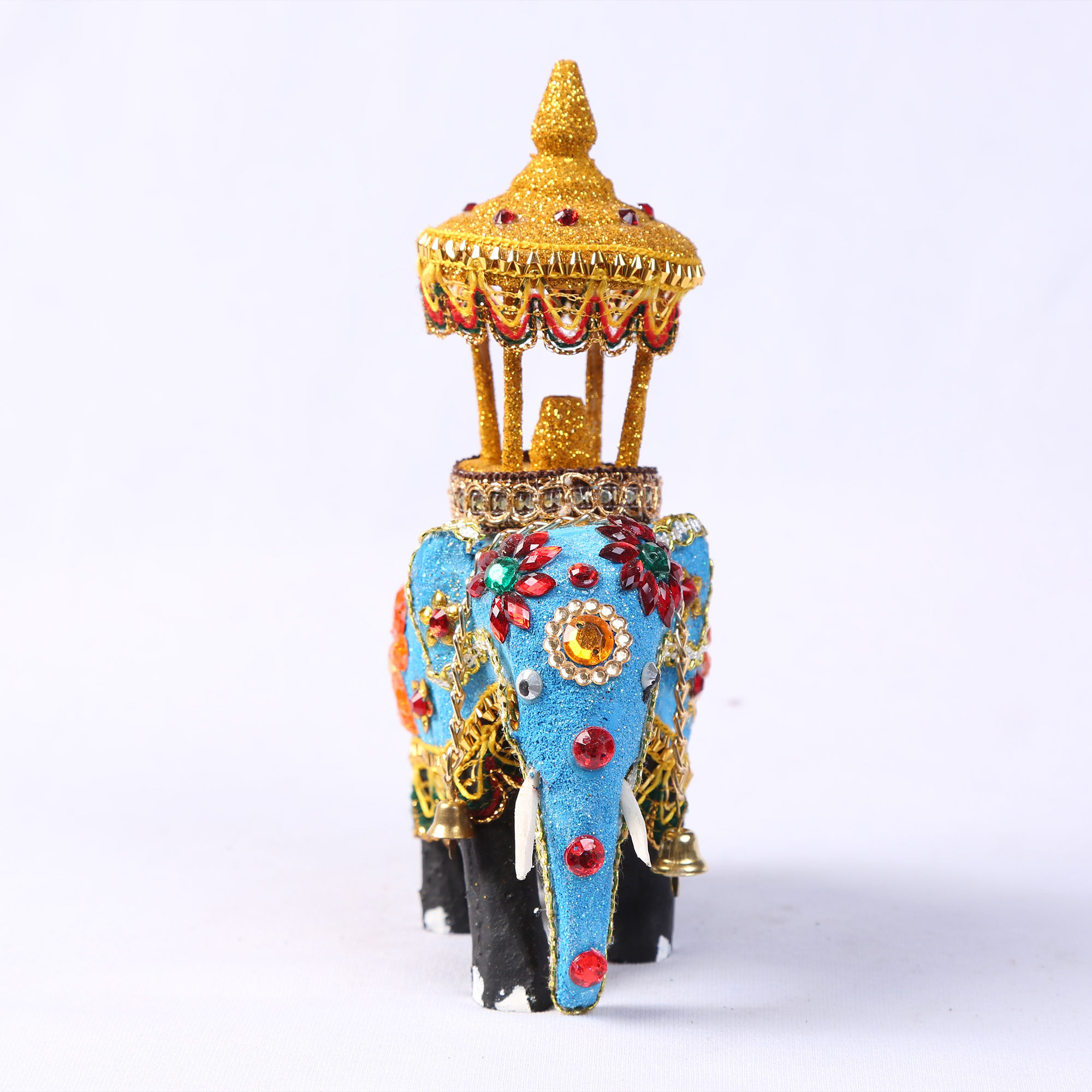 Front view of a Wooden Decorated Elephant with Casket