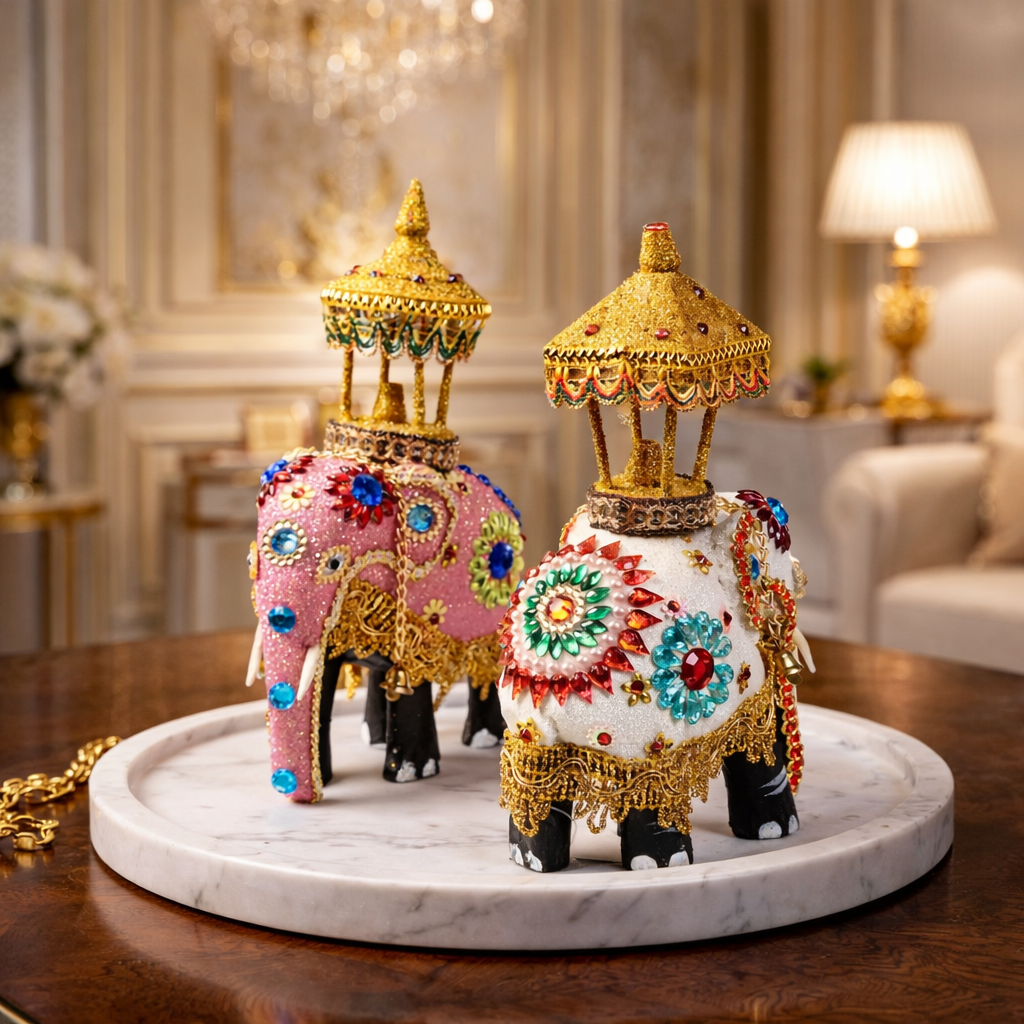 Lifestyle view of a Wooden Decorated Elephant with a Casket
